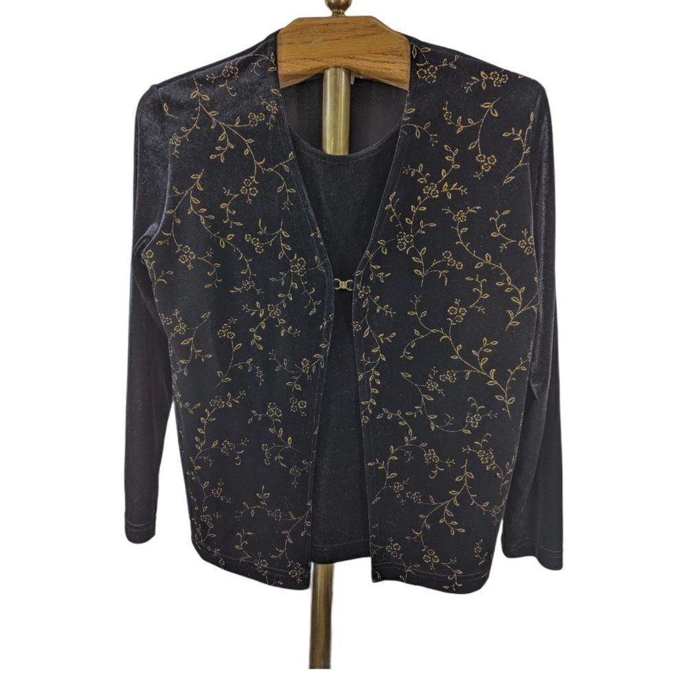 Alice Stuart Black Velour Gold Etched Top